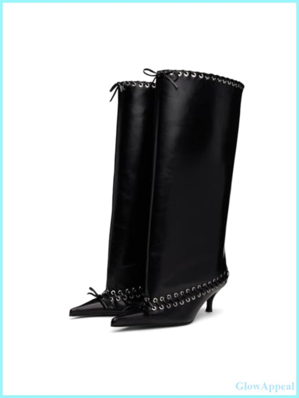 Wide Calf Knee High Boots Kitten Heel Pointed Toe Lace Up Faux Leather Women